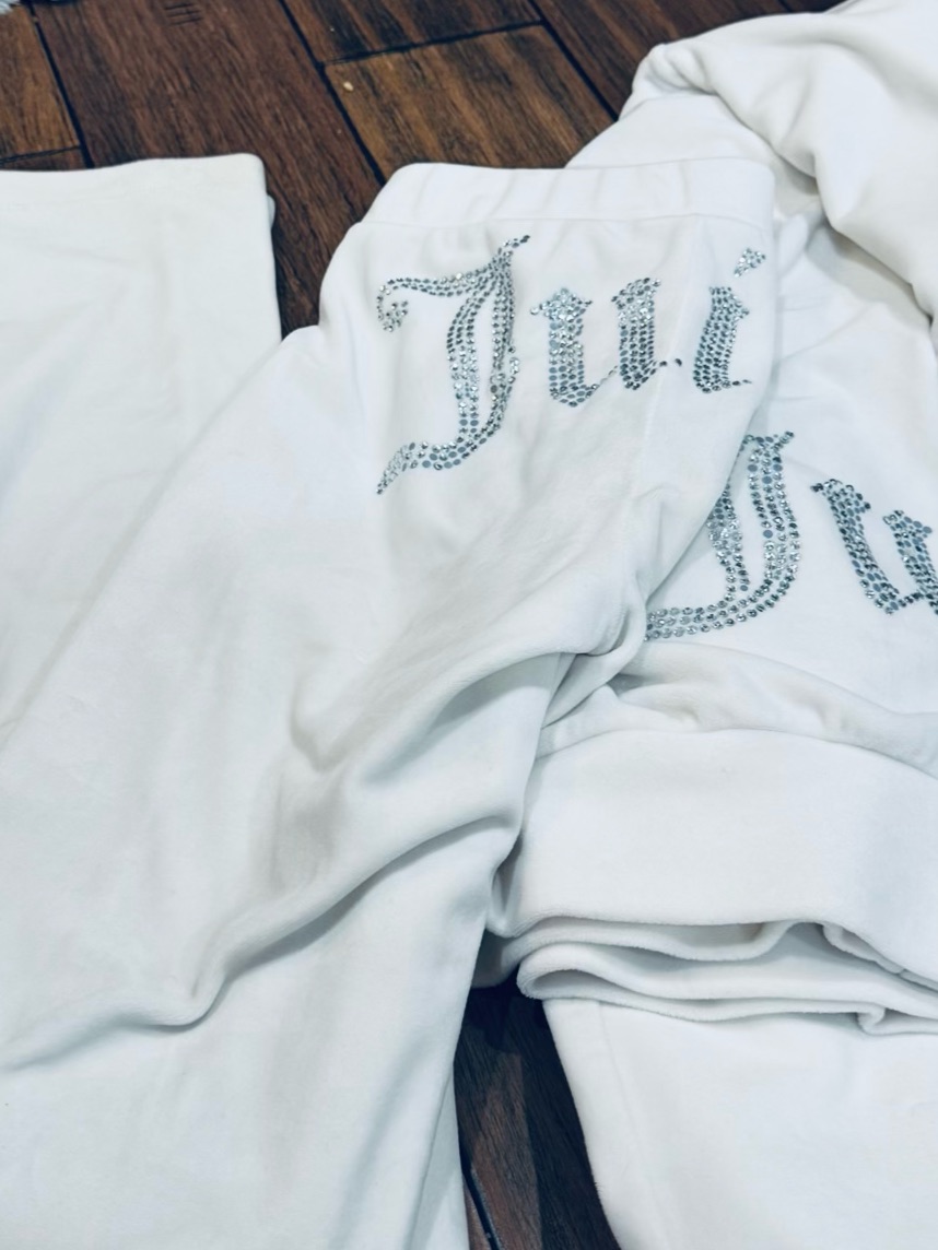 Juicy Couture Bling Velour Tracksuit Jacket Hoodie & Pants In Cream Soda — image 6 of 8
